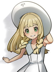 Rule 34 | 1girl, blonde hair, blunt bangs, blush, braid, collared dress, commentary request, creatures (company), dress, echizen (n fns17), game freak, green eyes, grin, hand on headwear, hat, highres, lillie (pokemon), long hair, looking at viewer, nintendo, pokemon, pokemon sm, sleeveless, sleeveless dress, smile, solo, sun hat, sundress, teeth, twin braids, upper body, white dress, white hat