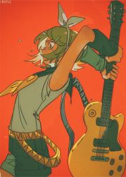 Rule 34 | 1girl, arm warmers, blonde hair, blouse, bow, crying, crying with eyes open, electric guitar, from side, guitar, hair bow, hair ornament, hairclip, haun, holding, holding instrument, instrument, kagamine rin, red background, shirt, short hair, sleeveless, sleeveless shirt, solo, tears, vocaloid