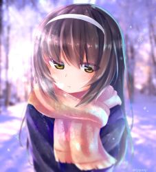 Rule 34 | 10s, 1girl, black hair, blue coat, blurry, blurry background, brown eyes, closed mouth, coat, commentary request, day, eyes visible through hair, girls und panzer, hairband, light frown, long hair, looking at viewer, outdoors, pink scarf, reizei mako, scarf, snowflakes, solo, standing, sunlight, upper body, white hairband, winter clothes, yunagi (arukumaruta)