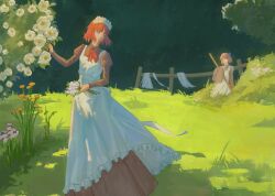 bouquet broom fence flower fucha grass green_background highres hisui_(tsukihime) kohaku_(tsukihime) maid nature outdoors summer tree tsukihime underwear