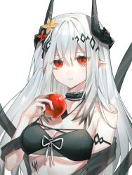 Rule 34 | 1girl, aegyo sal, apple, arknights, armlet, bare shoulders, bikini, bitten apple, black bikini, black shawl, breasts, chinese commentary, cleavage, collarbone, commentary, demon horns, flower, food, food bite, fruit, hair between eyes, hair flower, hair ornament, highres, holding, holding food, holding fruit, horns, infection monitor (arknights), jiao shenme ming hao ne, long hair, looking at viewer, material growth, medium breasts, mudrock (arknights), mudrock (silent night) (arknights), official alternate costume, oripathy lesion (arknights), pointy ears, red apple, red eyes, red flower, see-through, see-through shawl, shawl, simple background, solo, straight hair, swimsuit, upper body, white background, yellow flower