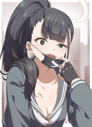 Rule 34 | 1girl, :d, black eyes, black gloves, black hair, blue archive, blue shirt, collarbone, delinquent, fingerless gloves, gloves, halo, highres, leaning forward, long hair, long sleeves, looking at viewer, mask, mouth mask, neckerchief, open mouth, school uniform, sekishoku manboo, serafuku, shirt, smile, solo, sukeban (smg) (blue archive), white neckerchief