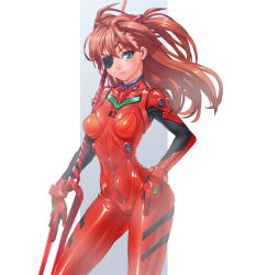 Rule 34 | 10s, 1girl, bident, blue eyes, bodysuit, brown hair, curvy, evangelion: 3.0 you can (not) redo, eyepatch, floating hair, hand on own hip, hip focus, lance of longinus (evangelion), long hair, neon genesis evangelion, plugsuit, polearm, rebuild of evangelion, shiny clothes, shiny skin, solo, souryuu asuka langley, takoyaki neko-san, twintails, weapon, wide hips