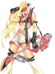 Rule 34 | 1girl, :p, absurdres, arc system works, bare shoulders, blonde hair, breasts, cosplay, covered eyes, cutoffs, electric guitar, fingerless gloves, forehead protector, gloves, guilty gear, guitar, highres, instrument, ishiwatari daisuke, kneehighs, lips, long hair, marker (medium), midriff, millia rage, navel, nipples, official art, open fly, revealing clothes, scan, shorts, single sleeve, socks, sol badguy, sol badguy (cosplay), solo, tongue, tongue out, traditional media, underboob, unzipped, vest