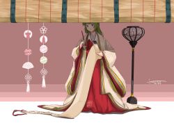 Rule 34 | 1girl, absurdres, alternate costume, bad id, bad pixiv id, blue eyes, calligraphy brush, commentary request, full body, green hair, highres, japanese clothes, kantai collection, kimono, lamp, layered clothes, layered kimono, looking at viewer, mole, mole under mouth, paintbrush, sagoromo 04, scroll, signature, solo, yuugumo (kancolle)