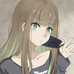 Rule 34 | 1boy, beige background, black shirt, brown hair, circle (pixiv446549445), closed mouth, green eyes, gretel (sinoalice), grey background, hair between eyes, holding, long hair, long sleeves, looking at viewer, mask, mouth mask, reality arc (sinoalice), shirt, sinoalice, solo, trap