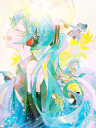 Rule 34 | 1girl, :d, absurdres, annotation request, arms at sides, artist self-reference, bare shoulders, black sleeves, blue hair, blue necktie, closed eyes, collared shirt, detached sleeves, facing ahead, from side, grey shirt, hair between eyes, hair ornament, hatsune miku, headset, highres, irodori warabi, long hair, long sleeves, microphone, music, necktie, number tattoo, open mouth, partially annotated, profile, shirt, sidelocks, signature, singing, sleeveless, sleeveless shirt, smile, solo, tattoo, twintails, twitter username, upper body, very long hair, vocaloid