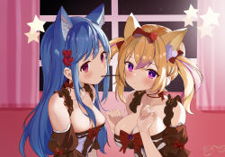 Rule 34 | 2girls, absurdres, animal ear fluff, animal ears, bare shoulders, blonde hair, blue hair, blush, bow, breasts, bright pupils, character request, cleavage, closed mouth, curtains, detached sleeves, diamond-shaped pupils, diamond (shape), dress, dress bow, food, food in mouth, frilled straps, frills, hair between eyes, hair bow, hair ornament, hands up, heart, heart hair ornament, highres, indoors, large breasts, long hair, looking ahead, mangmao, medium breasts, medium hair, multiple girls, bowtie, neck ribbon, night, pink eyes, pocky, pocky in mouth, pom pom (clothes), pom pom hair ornament, quad tails, red bow, red eyes, red ribbon, ribbon, ringed eyes, sidelocks, sky, sleeve bow, sleeveless, sleeveless dress, star (sky), star (symbol), starry sky, straight hair, swept bangs, symbol-shaped pupils, upper body, virtual youtuber, window