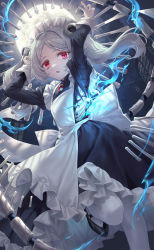Rule 34 | 1girl, absurdres, apron, arms up, bloody marie (skullgirls), blue background, bone, brooch, dress, eyebrows hidden by hair, fire, frilled apron, frills, full moon, grey hair, hair ornament, highres, jewelry, juliet sleeves, long sleeves, maid headdress, mary janes, moon, open mouth, pantyhose, puffy sleeves, red eyes, ribs, shichigatsu, shoes, skeleton, skull hair ornament, skullgirls, solo, torn clothes, twintails