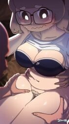 1girl 2boys animated blonde_hair blush breasts brown_eyes cleft_of_venus clothes_lift derpixon embarrassed fiona_(derpixon) glasses huge_breasts large_penis mature_female multiple_boys no_panties penis plump pubic_hair pussy shirt_lift short_hair sweat tagme thick_thighs thighs video