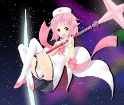 Rule 34 | 1girl, bare shoulders, blush, bow, dress, hat, houkago no pleiades, open mouth, panties, pantyshot, pink bow, pink hair, red eyes, ribbon, short hair, smile, solo, space, staff, star (symbol), subaru (houkago no pleiades), thighhighs, underwear, white panties, white thighhighs, wrist cuffs, yoruda