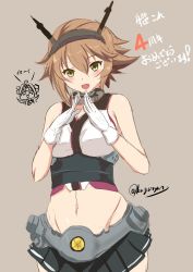 Rule 34 | 10s, 2girls, bad id, bad twitter id, black skirt, blush, breasts, brown hair, chibi, collar, fingers together, gloves, green eyes, grey background, hair between eyes, headgear, highres, kantai collection, kongou (kancolle), kuga zankurou, large breasts, looking at viewer, multiple girls, mutsu (kancolle), navel, open mouth, pleated skirt, short hair, simple background, skirt, solo focus, translation request, twitter username, white gloves