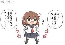 Rule 34 | 1girl, anchor symbol, black sailor collar, black skirt, black thighhighs, brown eyes, brown hair, chibi, commentary request, full body, goma (yoku yatta hou jane), hair ornament, hairclip, ikazuchi (kancolle), kantai collection, neckerchief, open mouth, pleated skirt, red neckerchief, sailor collar, school uniform, serafuku, short hair, simple background, skirt, solo, standing, thighhighs, translation request, trembling, twitter username, wavy mouth, white background