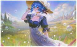 Rule 34 | 1girl, 2023, absurdres, artofkuzu, bao (vtuber), bao (vtuber) (6th costume), blue hair, blush, border, bow, braid, breasts, bubble, cleavage, collarbone, commentary, dated, day, dress, english commentary, grass, hair between eyes, hair bun, hat, hat bow, highres, indie virtual youtuber, medium breasts, outdoors, red eyes, short sleeves, solo, sun hat, tree, virtual youtuber, white border