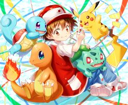 Rule 34 | 1boy, blue eyes, blue pants, bright pupils, brown eyes, brown hair, bulbasaur, charmander, child, claws, creatures (company), fangs, game freak, gen 1 pokemon, hair between eyes, hat, holding, holding poke ball, jacket, male focus, multicolored background, mushuu, nintendo, open mouth, pants, pikachu, poke ball, poke ball (basic), pokemon, pokemon (creature), pokemon rgby, purple eyes, red (pokemon), red eyes, red footwear, red headwear, red jacket, shirt, short sleeves, sitting, sleeveless, sleeveless jacket, squirtle, white pupils, white shirt