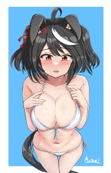 Rule 34 | 1girl, a.nori, absurdres, ahoge, alternate costume, animal ears, artist name, bikini, black hair, blue background, border, breasts, cleavage, collarbone, commentary request, ears down, hair between eyes, hair ornament, highres, horse ears, horse tail, kitasan black (umamusume), large breasts, looking down, navel, open mouth, red eyes, simple background, solo, swimsuit, tail, umamusume, white bikini, white border