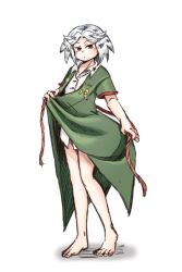 Rule 34 | 1other, :o, androgynous, badge, bare legs, barefoot, blunt bangs, bottomless, buttons, chikafumikou, collared shirt, commentary request, dress, fujiwara no shirogane no sanra, full body, green dress, grey eyes, grey hair, holding, holding rope, len&#039;en, light blush, looking at viewer, military uniform, no headwear, open door, open mouth, other focus, parted bangs, rope, shadow, shirt, short hair, short sleeves, simple background, solo, standing, toenails, toes, undressing, uniform, white background, white shirt