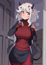 1girl barleyshake blush breasts closed_mouth demon_girl demon_tail doorway helltaker highres jacket large_breasts modeus_(helltaker) red_eyes ribbed_sweater skirt solo sweater tail white_hair