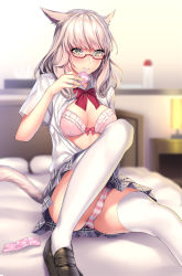 Rule 34 | 1girl, animal ears, aruma jiki, bed, blurry, blurry background, blush, bow, bra, breasts, cat ears, cat tail, condom, condom packet strip, condom wrapper, final fantasy, final fantasy xiv, grey eyes, indoors, large breasts, long hair, looking at viewer, miqo&#039;te, open clothes, open shirt, panties, pantyshot, pleated skirt, semi-rimless eyewear, silver hair, sitting, skirt, smile, solo, striped clothes, striped panties, tail, thighhighs, underwear