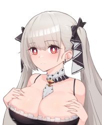 Rule 34 | 1girl, azur lane, black dress, breasts, cleavage, dress, earrings, formidable (azur lane), frilled dress, frills, gothic lolita, grey hair, hair ribbon, hands on own chest, highres, huge breasts, jewelry, large breasts, lolita fashion, long hair, looking at viewer, ood114, original, red eyes, ribbon, simple background, solo, twintails, two-tone dress, two-tone ribbon, upper body, white background