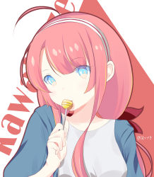 Rule 34 | 1girl, ahoge, alternate costume, asymmetrical bangs, blue eyes, candy, food, food in mouth, hair ribbon, hairband, hatsuzuki 527, highres, holding, holding candy, holding food, holding lollipop, kantai collection, kawakaze (kancolle), lollipop, long hair, low twintails, nail polish, red hair, red ribbon, ribbon, sidelocks, solo, twintails, very long hair
