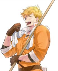 Rule 34 | 1boy, bad id, bad twitter id, bara, blonde hair, blush, brown gloves, closed eyes, from side, gloves, granblue fantasy, holding, male focus, migi (mm86262394), open mouth, pectorals, polearm, shirt, sleeves rolled up, smile, solo, toned, toned male, upper body, vane (granblue fantasy), weapon, white background
