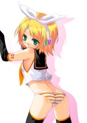Rule 34 | 1girl, aqua eyes, ass, bad id, bad pixiv id, blonde hair, bow, elbow gloves, gloves, hair bow, hairband, kagamine rin, kajo, panties, solo, striped clothes, striped panties, thighhighs, underwear, vocaloid
