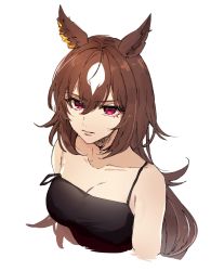 Rule 34 | 1girl, animal ears, bare shoulders, black camisole, breasts, brown hair, camisole, cleavage, closed mouth, collarbone, cropped torso, hana kon (17aaammm), highres, horse ears, long hair, looking at viewer, multicolored hair, red eyes, simple background, sirius symboli (umamusume), solo, strap slip, two-tone hair, umamusume, upper body, white background