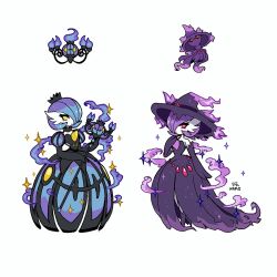 Rule 34 | 2girls, aqua hair, artist name, black dress, chandelure, chandelure (cosplay), closed mouth, commentary, cosplay, creatures (company), dot mouth, dress, full body, fusion, game freak, gardevoir, gen 3 pokemon, gen 4 pokemon, gen 5 pokemon, hat, highres, holding, holding staff, looking at viewer, mamobot, mismagius, mismagius (cosplay), multiple girls, nintendo, pink eyes, pokemon, pokemon (creature), purple dress, purple hair, simple background, sparkle, staff, white background, witch hat, yellow eyes