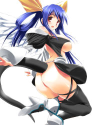 Rule 34 | 1girl, arc system works, ass, blue hair, blush, boots, bow, breasts, dizzy (guilty gear), guilty gear, hair bow, hair rings, hima, huge breasts, long hair, midriff, no bra, no panties, open mouth, red eyes, ribbon, simple background, smile, solo, tail, thighhighs, twintails, underboob, white background, wings