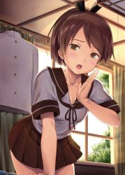 Rule 34 | 1girl, arm support, blush, breasts, brown eyes, brown hair, brown skirt, cleavage, collarbone, hair tie, hand to own mouth, highres, ichikawa feesu, indoors, jacket, kantai collection, leaning forward, open mouth, pleated skirt, ponytail, sailor collar, school uniform, serafuku, shikinami (kancolle), short sleeves, skirt, small breasts, solo, teeth, tongue, white jacket, window