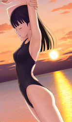 Rule 34 | 1girl, armpits, arms up, bare arms, black hair, breasts, closed eyes, competition swimsuit, covered erect nipples, cowboy shot, dutch angle, from side, highleg, highleg swimsuit, kuri (kurigohan), medium breasts, ocean, one-piece swimsuit, original, outdoors, profile, skindentation, solo, speedo (company), standing, stretching, sun, sunset, swimsuit, water
