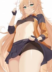 Rule 34 | 1girl, :q, bike shorts, black gloves, black skirt, black sports bra, blonde hair, blush, breasts, clothes lift, collared jacket, commentary request, covered erect nipples, cowboy shot, fingerless gloves, flag, from below, girls&#039; frontline, gloves, green eyes, hair between eyes, highres, holding, holding flag, jacket, licking lips, lifted by self, long hair, looking at viewer, medium breasts, messy hair, midriff, navel, panties, pennant, pleated skirt, s.a.t.8 (girls&#039; frontline), shorts, shorts under skirt, simple background, skirt, skirt lift, smile, solo, sports bra, stomach, thighs, tongue, tongue out, underwear, very long hair, vii22581034, white background, white flag, white panties