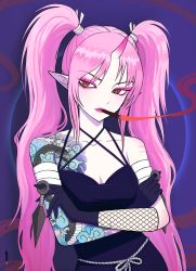 Rule 34 | absurdres, arm tattoo, artist name, black gloves, breasts, cigarette, cleavage, cloud tattoo, collarbone, dress, fishnets, gloves, highres, holding, holding weapon, kunai, large breasts, long hair, looking at viewer, oni, original, pale skin, pink hair, pointy ears, purple background, purple dress, rope, shoulder tattoo, smoke, smoking, snake tattoo, solo, ssun (sun een), tattoo, twintails, weapon