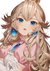 Rule 34 | 1girl, bad id, bad twitter id, blonde hair, blue eyes, crown, earrings, elbow gloves, female focus, gloves, highres, jewelry, light blush, lips, long hair, looking at viewer, mario (series), nintendo, parted lips, pink shirt, princess peach, puffy short sleeves, puffy sleeves, ryota (ry o ta), shirt, short sleeves, signature, simple background, solo, sphere earrings, upper body, white background, white gloves