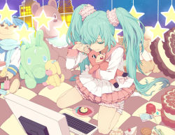 Rule 34 | 1girl, aqua eyes, aqua hair, bridal garter, cake, cameo, candy, candy apple, computer, cream puff, food, hatsune miku, kaito (vocaloid), keyboard (computer), lol -lots of laugh- (vocaloid), lollipop, long hair, lots of laugh, nayu, pastry, popsicle, solo, star (symbol), stuffed animal, stuffed toy, swirl lollipop, teddy bear, twintails, very long hair, vocaloid