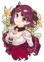 Rule 34 | 1girl, atelier (series), atelier sophie, atelier sophie 2, blush, bossun (laetus), braid, brown eyes, closed mouth, corset, cross-laced clothes, cross-laced top, dress, flower, highres, jewelry, looking at viewer, necklace, red dress, red flower, red hair, red rose, red skirt, rose, short hair, side braid, simple background, skirt, smile, solo, sophie neuenmuller, upper body, white background