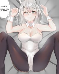 Rule 34 | abineko, absurdres, animal ears, arknights, black pantyhose, breasts, cleavage, closed mouth, collared leotard, fake animal ears, frostnova (arknights), grey eyes, hair ornament, hairclip, highres, large breasts, leotard, looking at viewer, medium hair, missionary, pantyhose, playboy bunny, rabbit ears, silver hair, smile, solo, speech bubble, spread legs, white leotard