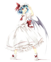 Rule 34 | 1girl, ascot, bat wings, blue hair, eyewear on head, fangs, gloves, gorilla (bun0615), hat, hat ribbon, highres, mob cap, open mouth, puffy sleeves, red eyes, remilia scarlet, ribbon, sash, simple background, solo, sunglasses, touhou, white gloves, wings