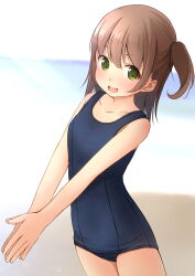Rule 34 | 1girl, :d, bare arms, bare shoulders, blue one-piece swimsuit, blurry, blurry background, blush, breasts, brown hair, collarbone, commentary request, depth of field, green eyes, hair between eyes, highres, long hair, looking at viewer, old school swimsuit, one-piece swimsuit, one side up, open mouth, original, palms together, school swimsuit, shibacha, small breasts, smile, solo, swimsuit