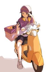 Rule 34 | 1girl, absurdres, blush, commentary, english commentary, hat writing, highres, holding, holding phone, hololive, hololive english, maka rum, moped, motor vehicle, ninomae ina&#039;nis, phone, purple hair, shadow, simple background, sweat, tentacle hair, uber eats, virtual youtuber, white background