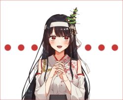 Rule 34 | ..., 1girl, black hair, blush, breasts, christmas tree, detached sleeves, floral print, fusou (kancolle), fusou kai ni (kancolle), hair ornament, headband, headgear, highres, interlocked fingers, japanese clothes, kantai collection, large breasts, long hair, obi, open mouth, red eyes, saitu miki, sash, simple background, solo, sweat, upper body, white headband