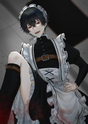 Rule 34 | 1boy, apron, belt, bishounen, black hair, black socks, blood, blurry, blurry background, buttons, ear piercing, frills, hair between eyes, hand on own hip, highres, juliet sleeves, kneehighs, long sleeves, looking at viewer, maid, maid apron, maid headdress, makura wet, male focus, open mouth, piercing, puffy sleeves, red eyes, ribbon, short hair, signature, smile, socks, solo, tattoo, tattoo on neck