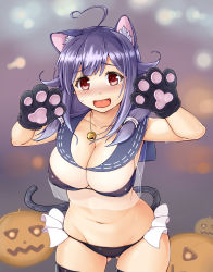 Rule 34 | 10s, 1girl, ahoge, animal ears, animal hands, bad id, bad pixiv id, bell, blush, breasts, cat ears, cat girl, cat paw, cat paws, cat tail, cleavage, fangs, gloves, highres, huge breasts, jack-o&#039;-lantern, kantai collection, long hair, looking at viewer, navel, open mouth, paw gloves, purple hair, red eyes, solo, taigei (kancolle), tail, thighhighs, tomo (tomojo 8)