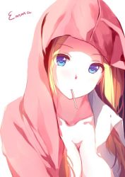 Rule 34 | 1girl, blonde hair, blue eyes, breasts, caidychen, candy, character name, cleavage, collar, collarbone, dress shirt, emma (caidychen), food, food in mouth, hood, hooded, hoodie, jacket, large breasts, lollipop, long hair, looking at viewer, no bra, open clothes, open jacket, open shirt, original, shirt, simple background, sketch, solo, upper body, white background