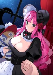 Rule 34 | 1girl, black dress, breasts, cleavage, dress, frilled headwear, holding hands, joman, large breasts, long hair, looking at viewer, one piece, perona, pink hair, solo, star (sky), stuffed toy