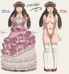 Rule 34 | 1girl, before and after, belly, black hair, blunt bangs, blush, breasts, brown eyes, collarbone, dot nose, dress, drill hair, elbow gloves, fat, flower, gloves, grey background, hair flower, hair ornament, heart, heart necklace, highres, jewelry, kneehighs, lace, large breasts, long hair, looking at viewer, mole, mole on pussy, mole under mouth, multiple views, navel, necklace, open mouth, original, princess, red footwear, ringlets, ryokucha michi, shadow, shoes, sling bikini top, slingshot swimsuit, smile, socks, standing, swimsuit, tareme, thighhighs, tiara, white gloves, white socks