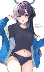 1girl black_halo black_shirt blue_archive blue_buruma blue_jacket buruma commentary cowboy_shot dated halo hanako_(peanut) highres jacket mechanical_halo navel open_clothes open_jacket ponytail purple_eyes purple_hair shirt simple_background solo standing translation_request white_background yuuka_(blue_archive)