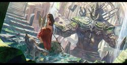 Rule 34 | 1girl, ancient, architecture, armlet, back, barefoot, brown hair, day, dog, dutch angle, from behind, letterboxed, long hair, long skirt, looking down, moss, original, overgrown, ox (baallore), perspective, pillar, polearm, red skirt, rock, ruins, scenery, shaking, skirt, smile, solo, spear, stairs, stream, sunlight, traditional clothes, walking, water, waterfall, weapon, wet