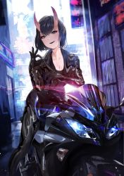 Rule 34 | 1girl, absurdres, black bodysuit, black jacket, bob cut, bodysuit, breasts, cleavage, eyeliner, fate/grand order, fate (series), highres, horns, jacket, leather, looking at viewer, makeup, motor vehicle, motorcycle, oni, open mouth, purple eyes, purple hair, short hair, shuten douji (fate), skin-covered horns, small breasts, smile, uthy